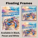 Watercolor Painting of a Multicolored Crab at the Beach – Coastal Sea Life Art Print with Sunset Ocean Background on Ready to Hang 1.5" Thick Canvas Wrap, Floating Framed Canvas, Flat Rolled Canvas