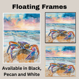 Vibrant Watercolor Crab Painting – Colorful Beach Crab with Sunset Sky and Ocean Waves Coastal Wall Art Print on Ready to Hang 1.5" Thick Canvas Wrap, Floating Framed Canvas, Flat Rolled Canvas