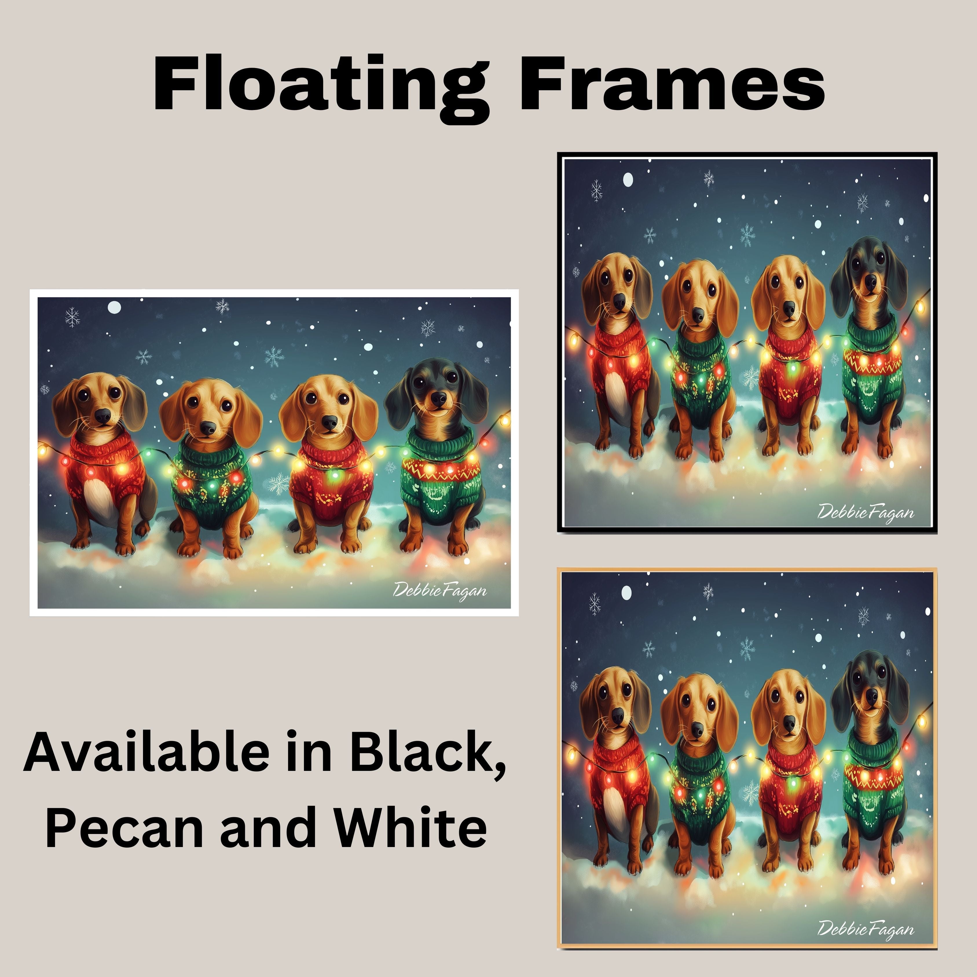 "Dachshund Merriment" - Cozy Doxies in Festive Sweaters & Twinkling Holiday Lights in Winter Wonderland on Ready to Hang 1.5" Thick Canvas Wrap, Floating Framed Canvas, Flat Rolled Canvas