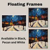 Starry Night Village Scene in Van Gogh Style – Whimsical Folk Art of Snowy Streets and Colorful Holiday Homes on Ready to Hang 1.5" Thick Canvas Wrap, Floating Framed Canvas, Flat Rolled Canvas