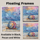Watercolor Painting of a Multicolored Snail on Beach with Starry Sky and Ocean Horizon in a Vibrant Night Coastal Scene on Ready to Hang 1.5" Thick Canvas Wrap, Floating Framed Canvas, Flat Rolled Canvas