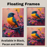 Golden Yellow and Blue Songbird on a Flowering Branch with Pink and Coral Abstract Background on Ready to Hang 1.5" Thick Canvas Wrap, Floating Framed Canvas, Flat Rolled Canvas