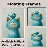 Sweet Blue Cat with Tiny Blue Bird on Head Cute and Whimsical Animal Illustration for Nursery or Kids Room Art Print Perfect for Cat and Bird Lovers on Ready to Hang 1.5" Thick Canvas Wrap, Floating Framed Canvas, Flat Rolled Canvas