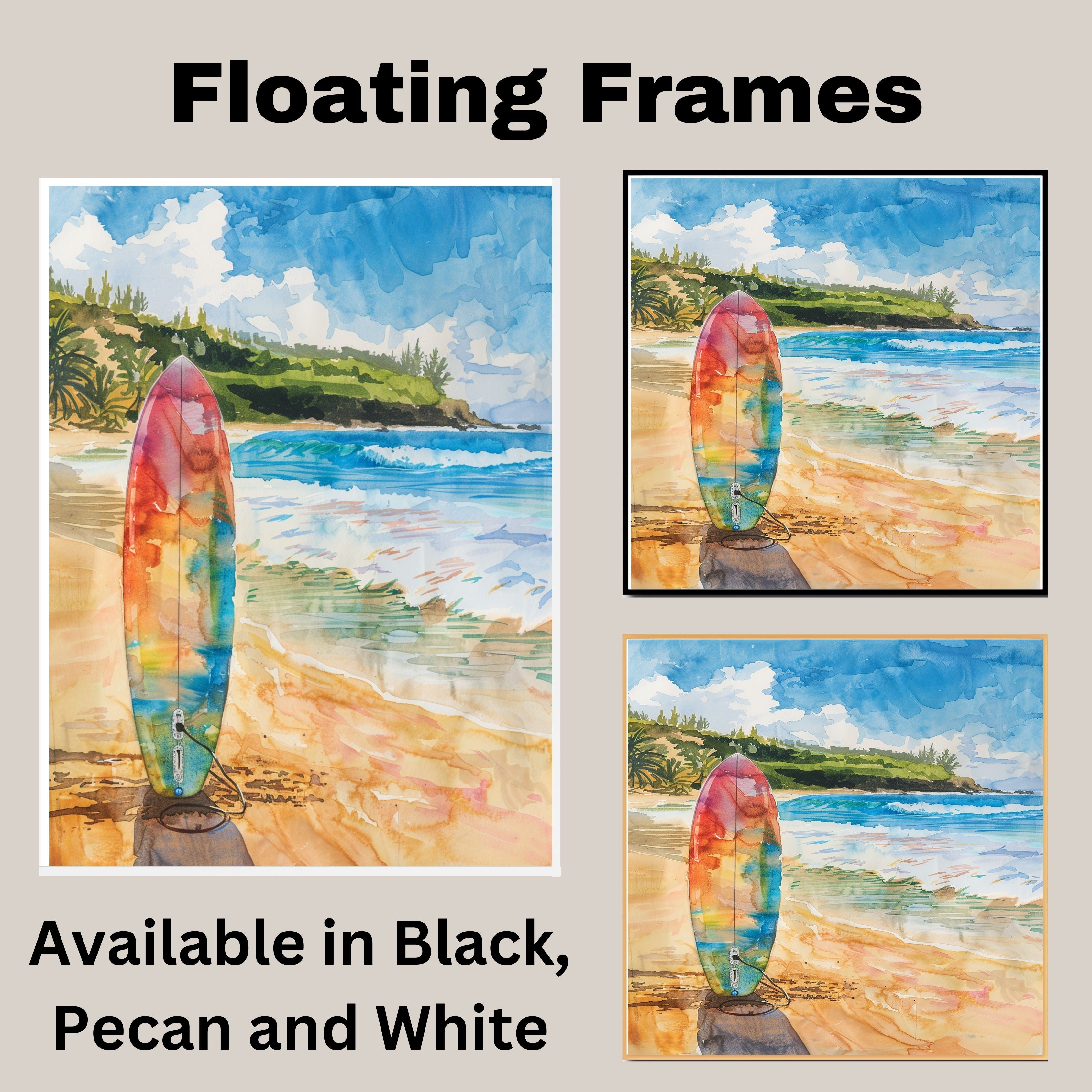 Watercolor Painting of a Multicolored Surfboard on a Tropical Beach with Ocean Waves and Green Coastal Hills in the Background on Ready to Hang 1.5" Thick Canvas Wrap, Floating Framed Canvas, Flat Rolled Canvas
