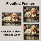 Puppies with Roses by the Pond – Romantic Dog Wall Art on Ready to Hang 1.5" Thick Canvas Wrap, Floating Framed Canvas, Flat Rolled Canvas