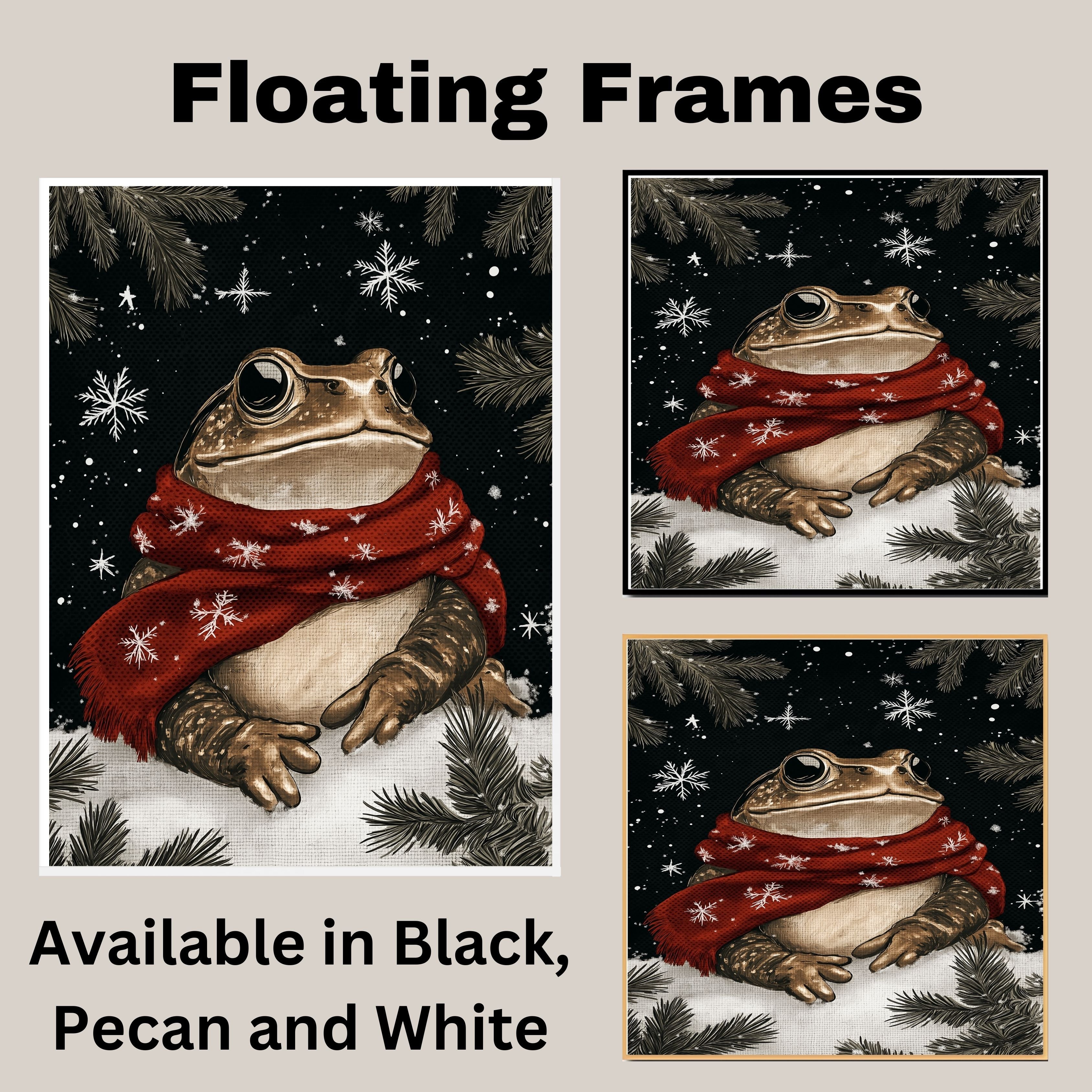 "Frosty Leap Frog" - Frog in Red Scarf Sitting in Snow on Ready to Hang 1.5" Thick Canvas Wrap, Floating Framed Canvas, Flat Rolled Canvas