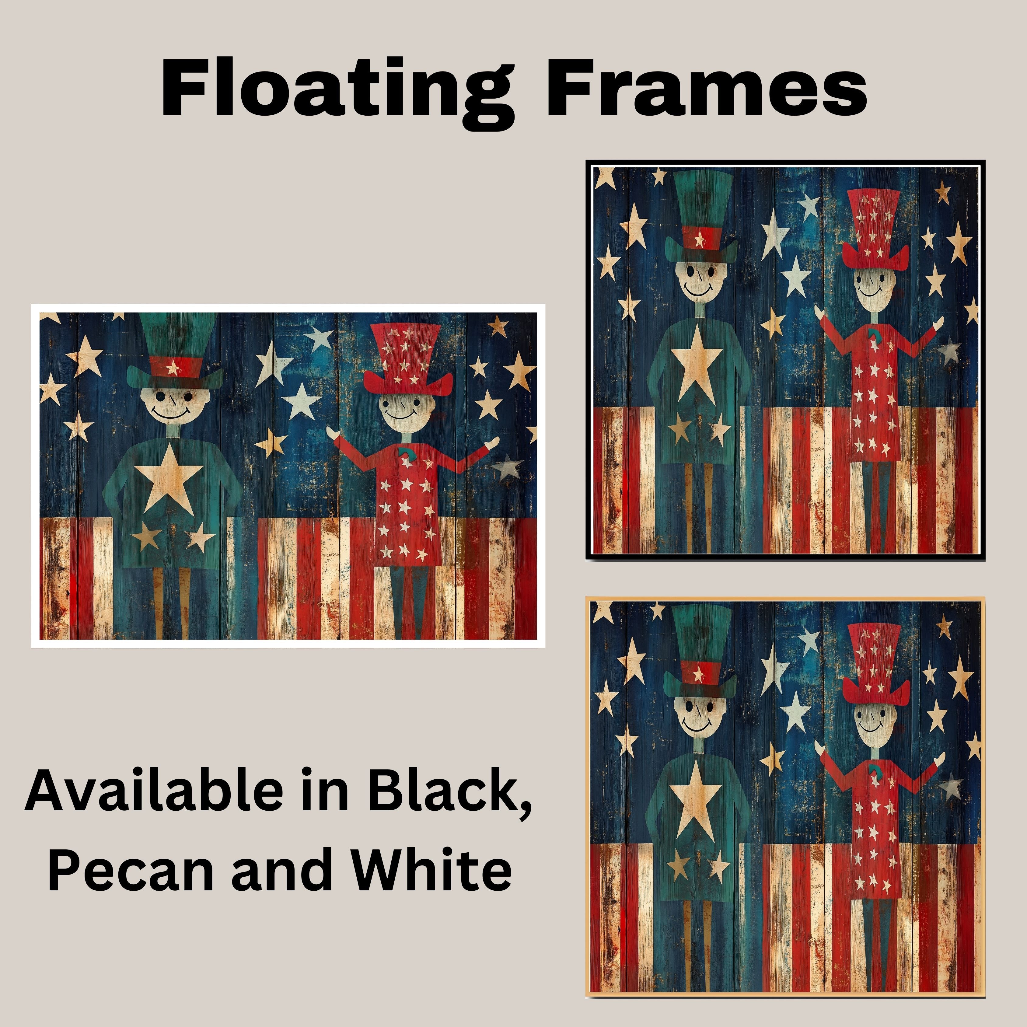 Rustic Folk Art of Patriotic Figures with Stars and Stripes on Weathered Wood Background, Whimsical Americana for Celebrating 4th of July in Vintage Style on Ready to Hang 1.5" Thick Canvas Wrap, Floating Framed Canvas, Flat Rolled Canvas