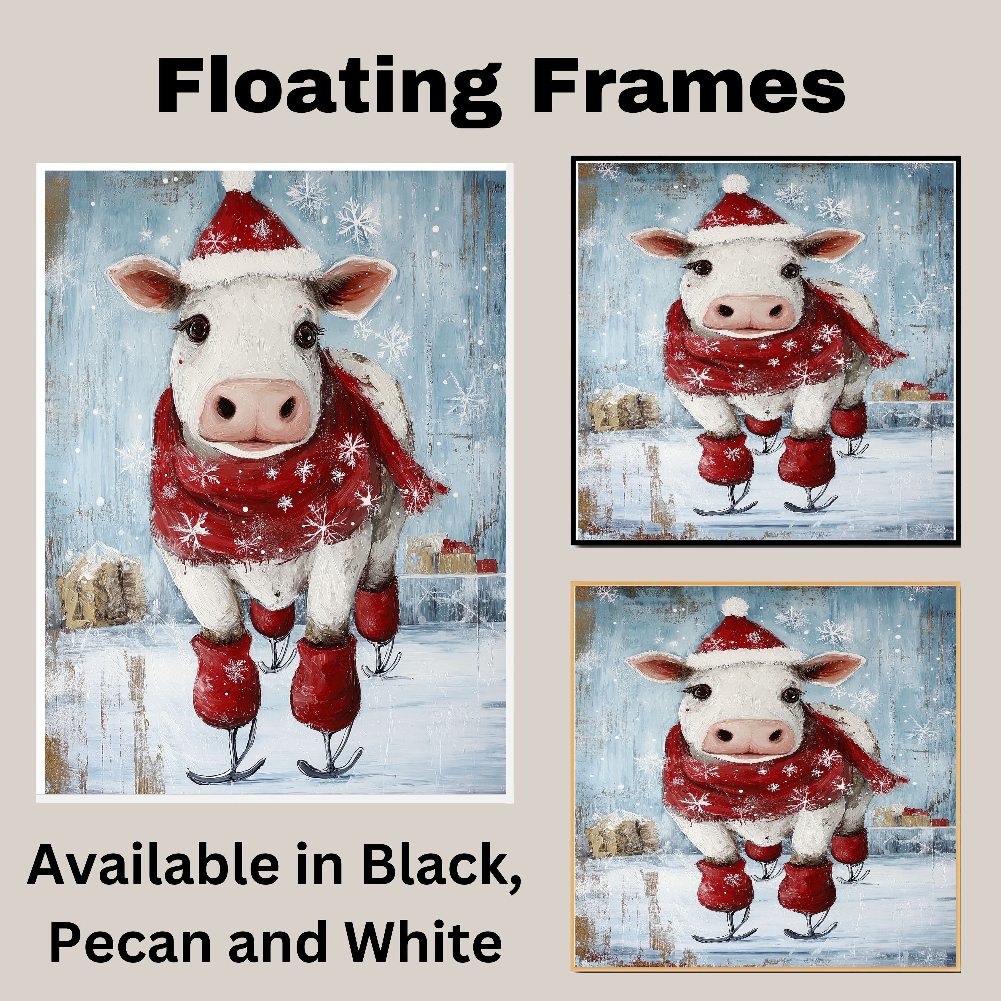 Adorable Christmas Cow Ice Skating in Santa Hat with Red Scarf Festive Farm Animal Illustration for Country Holiday Decor and Whimsical Winter Cheer on Ready to Hang 1.5" Thick Canvas Wrap, Floating Framed Canvas, Flat Rolled Canvas