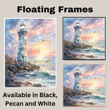 Rustic Lighthouse on Rocky Shore at Sunset with Crashing Waves and Seagulls in Serene Watercolor Coastal Landscape on Ready to Hang 1.5" Thick Canvas Wrap, Floating Framed Canvas, Flat Rolled Canvas