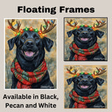 Forest Glow - Black Labrador Dog with Lighted Antlers & Holiday Scarf in Snowy Forest, Ready to Hang 1.5" Thick Canvas Wrap, Floating Framed Canvas, Flat Rolled Canvas
