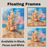 Watercolor Painting of a Whimsical Sandcastle by the Sea with Turrets and Ocean Backdrop in a Dreamy Fantasy Coastal Style on Ready to Hang 1.5" Thick Canvas Wrap, Floating Framed Canvas, Flat Rolled Canvas