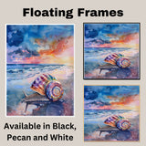 Watercolor Painting of a Multicolored Snail with Spiral Shell Crawling on Beach at Sunset with Ocean and Dramatic Sky on Ready to Hang 1.5" Thick Canvas Wrap, Floating Framed Canvas, Flat Rolled Canvas