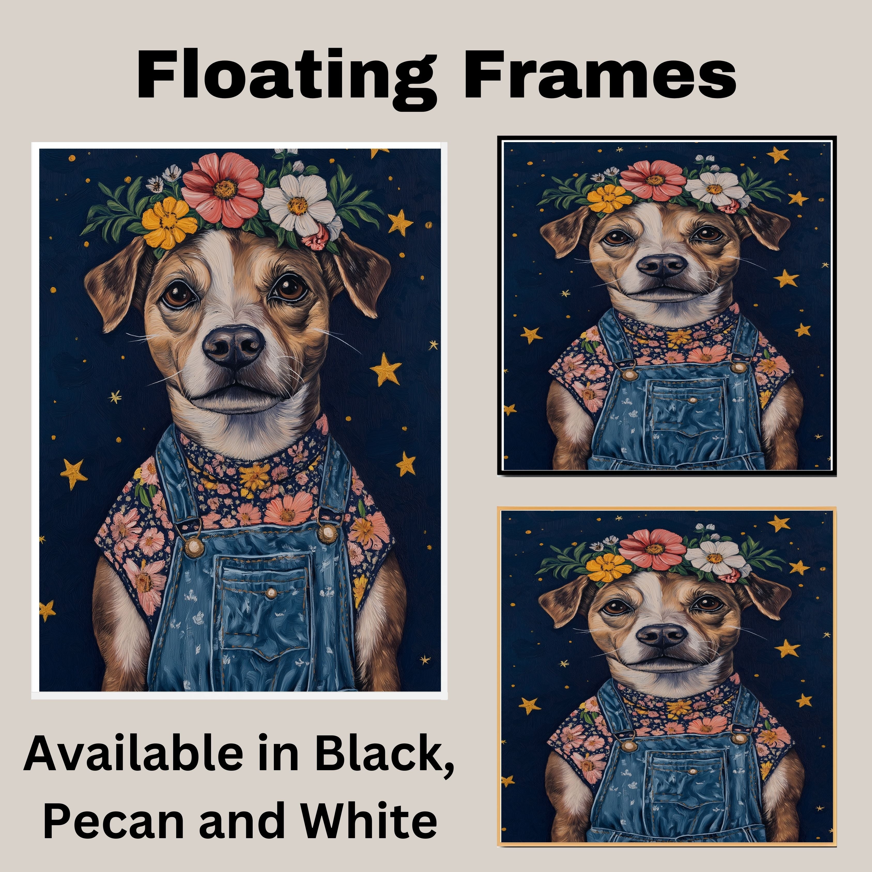 Dog Wearing Overalls and Floral Crown Art Whimsical Animal Painting for Nursery Farmhouse Decor Dog Lover Gift Cute Rustic Wall Print for Bedroom or Living Room on Ready to Hang 1.5" Thick Canvas Wrap, Floating Framed Canvas, Flat Rolled Canvas