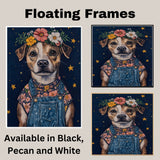 Dog Wearing Overalls and Floral Crown Art Whimsical Animal Painting for Nursery Farmhouse Decor Dog Lover Gift Cute Rustic Wall Print for Bedroom or Living Room on Ready to Hang 1.5" Thick Canvas Wrap, Floating Framed Canvas, Flat Rolled Canvas