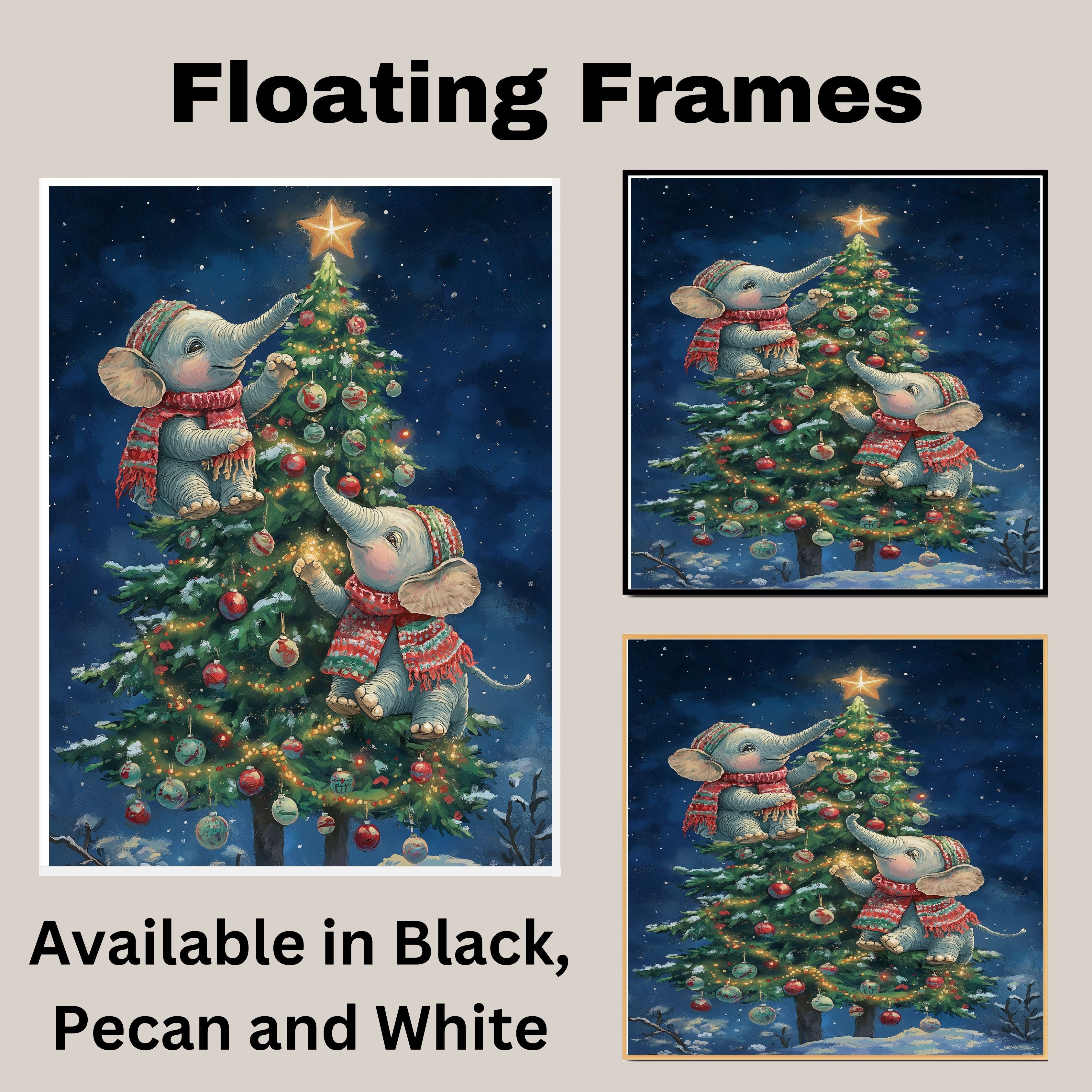 Christmas Baby Elephants Decorating Tree with Star and Ornaments in Snowy Night Scene Holiday Art Print for Nursery or Cozy Winter Home Decor on Ready to Hang 1.5" Thick Canvas Wrap, Floating Framed Canvas, Flat Rolled Canvas