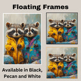 Charming Painting of Two Adorable Raccoons in Colorful Coats with Big Eyes and Sweet Expressions Ideal for Kids Rooms or Animal Lovers and Whimsical Art Fans on Ready to Hang 1.5" Thick Canvas Wrap, Floating Framed Canvas, Flat Rolled Canvas