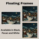 Christmas Folk Art Village at Night with Snowy Houses, Pine Trees, Twinkling Lights, and a Glowing Full Moon on Ready to Hang 1.5" Thick Canvas Wrap, Floating Framed Canvas, Flat Rolled Canvas