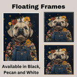 Bulldog Wall Art Cute Dog in Floral Crown and Overalls Farmhouse Nursery Decor Adorable Dog Lovers Gift Whimsical Bedroom Cottagecore Country Wall Art on Ready to Hang 1.5" Thick Canvas Wrap, Floating Framed Canvas, Flat Rolled Canvas