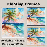 Watercolor Painting of a Vibrant Palm Tree on a Tropical Shoreline with Colorful Sky and Ocean Waves on Ready to Hang 1.5" Thick Canvas Wrap, Floating Framed Canvas, Flat Rolled Canvas