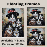 Victorian Springtime: Tuxedo Cat Mom and Three Kittens in Floral Dresses on Ready to Hang 1.5" Thick Canvas Wrap, Floating Framed Canvas, Flat Rolled Canvas