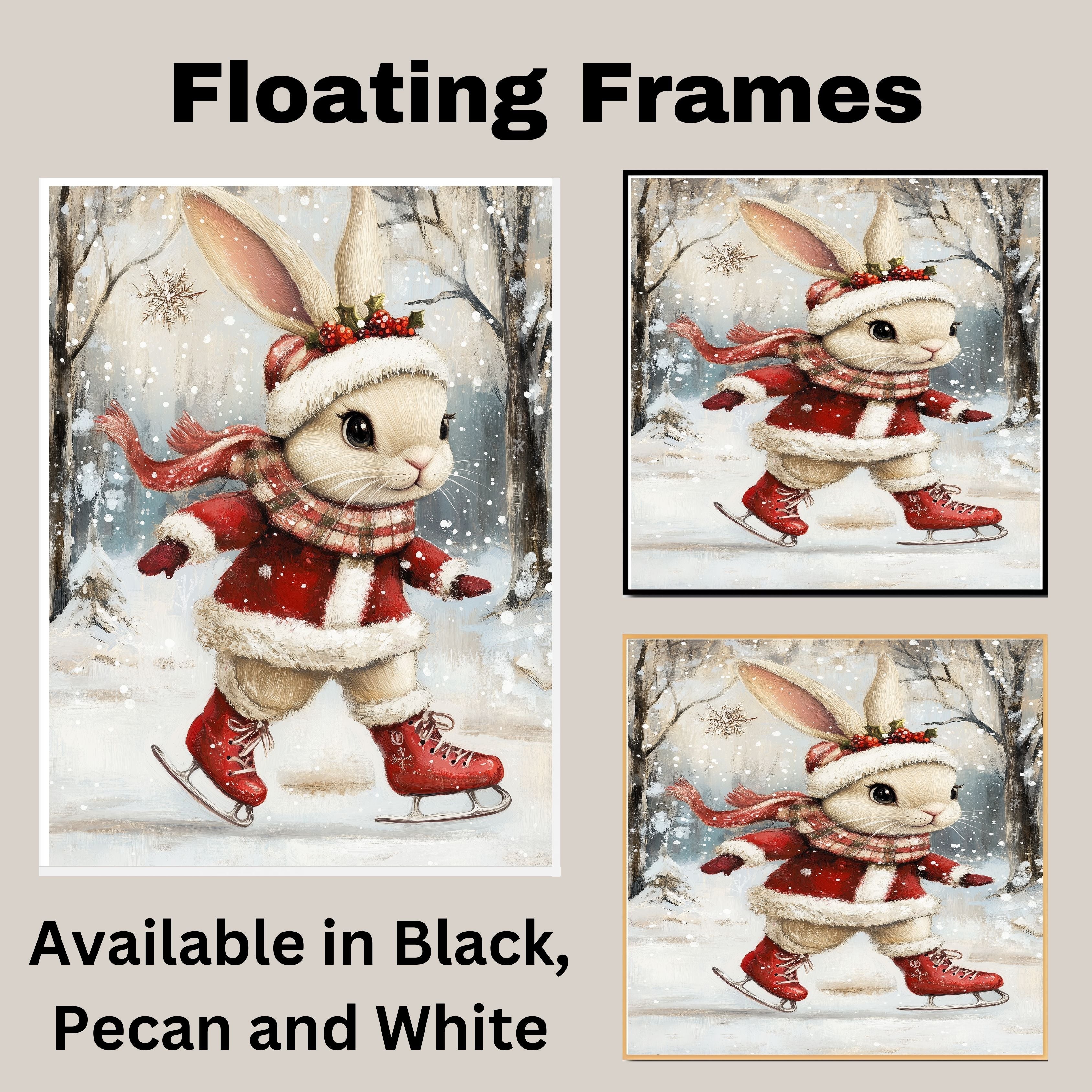 Christmas Wall Art Featuring Ice Skating Bunny in Red Coat and Holly Crown Whimsical Holiday Illustration for Winter Home Decor and Animal Lovers
