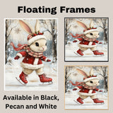 Christmas Wall Art Featuring Ice Skating Bunny in Red Coat and Holly Crown Whimsical Holiday Illustration for Winter Home Decor and Animal Lovers
