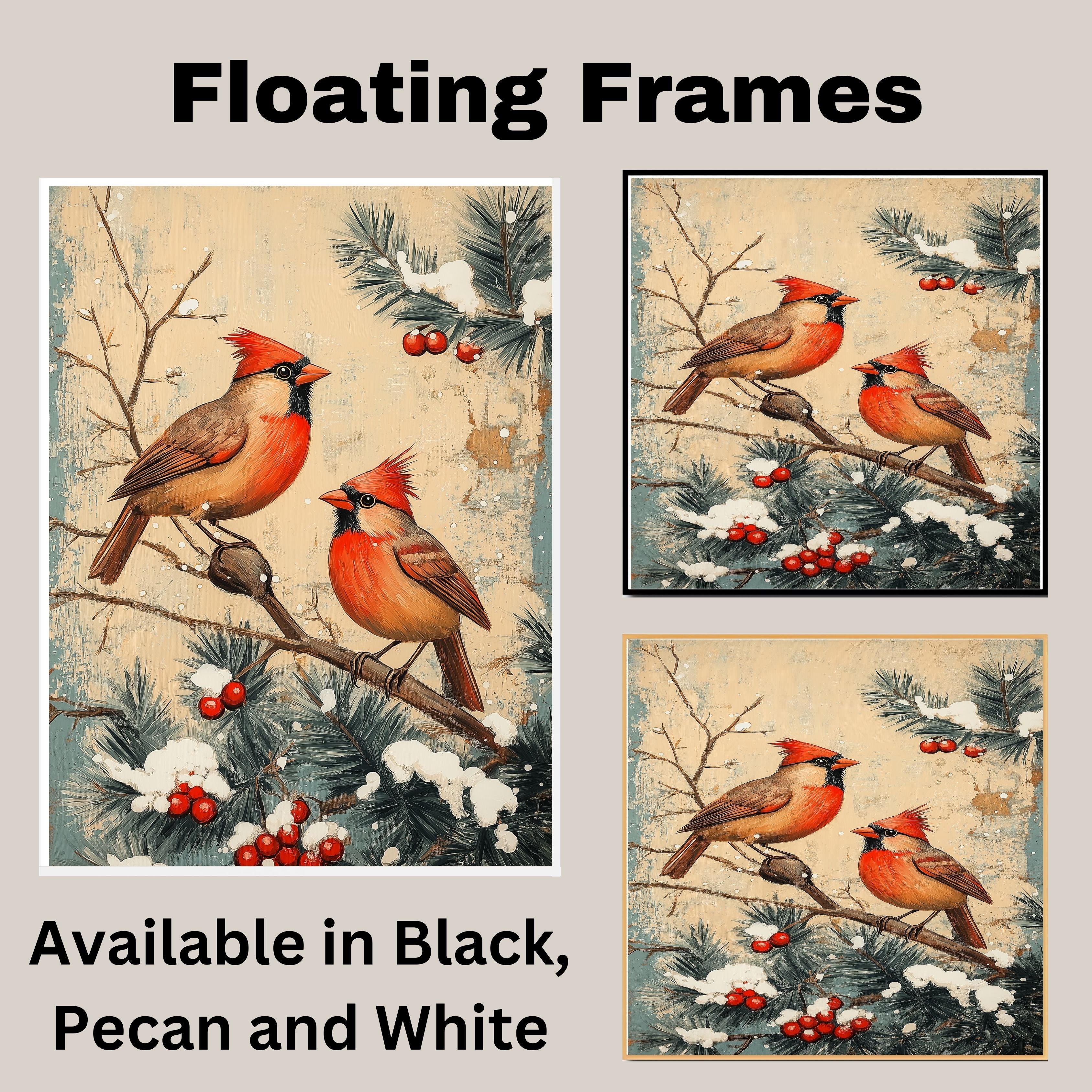 Charming Retro Style Painting of Two Cardinals on Snowy Branches with Pine and Red Berries Perfect for Christmas Decoration or Winter Nature Themed Gift on Ready to Hang 1.5" Thick Canvas Wrap, Floating Framed Canvas, Flat Rolled Canvas