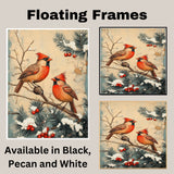 Charming Retro Style Painting of Two Cardinals on Snowy Branches with Pine and Red Berries Perfect for Christmas Decoration or Winter Nature Themed Gift on Ready to Hang 1.5" Thick Canvas Wrap, Floating Framed Canvas, Flat Rolled Canvas