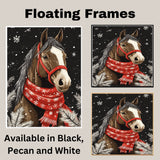 "Winter Majesty Horse" - Horse in Red Scarf Standing in Snow on Ready to Hang 1.5" Thick Canvas Wrap, Floating Framed Canvas, Flat Rolled Canvas