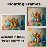 Painting of Two Cute Deer in Colorful Pajamas Sitting on a Vibrant Bed with Bright Pillows Surrounded by Playful Brush Strokes and Warm Whimsical Details on Ready to Hang 1.5" Thick Canvas Wrap, Floating Framed Canvas, Flat Rolled Canvas
