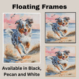 Watercolor Painting of a Playful Dog Running on the Beach with Ocean Waves and Pink Sunset in a Fun Coastal Scene on Ready to Hang 1.5" Thick Canvas Wrap, Floating Framed Canvas, Flat Rolled Canvas