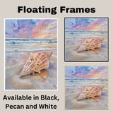 Watercolor Painting of a Multicolored Conch Shell on the Shore with Ocean Waves and Pastel Sunset Sky on Ready to Hang 1.5" Thick Canvas Wrap, Floating Framed Canvas, Flat Rolled Canvas