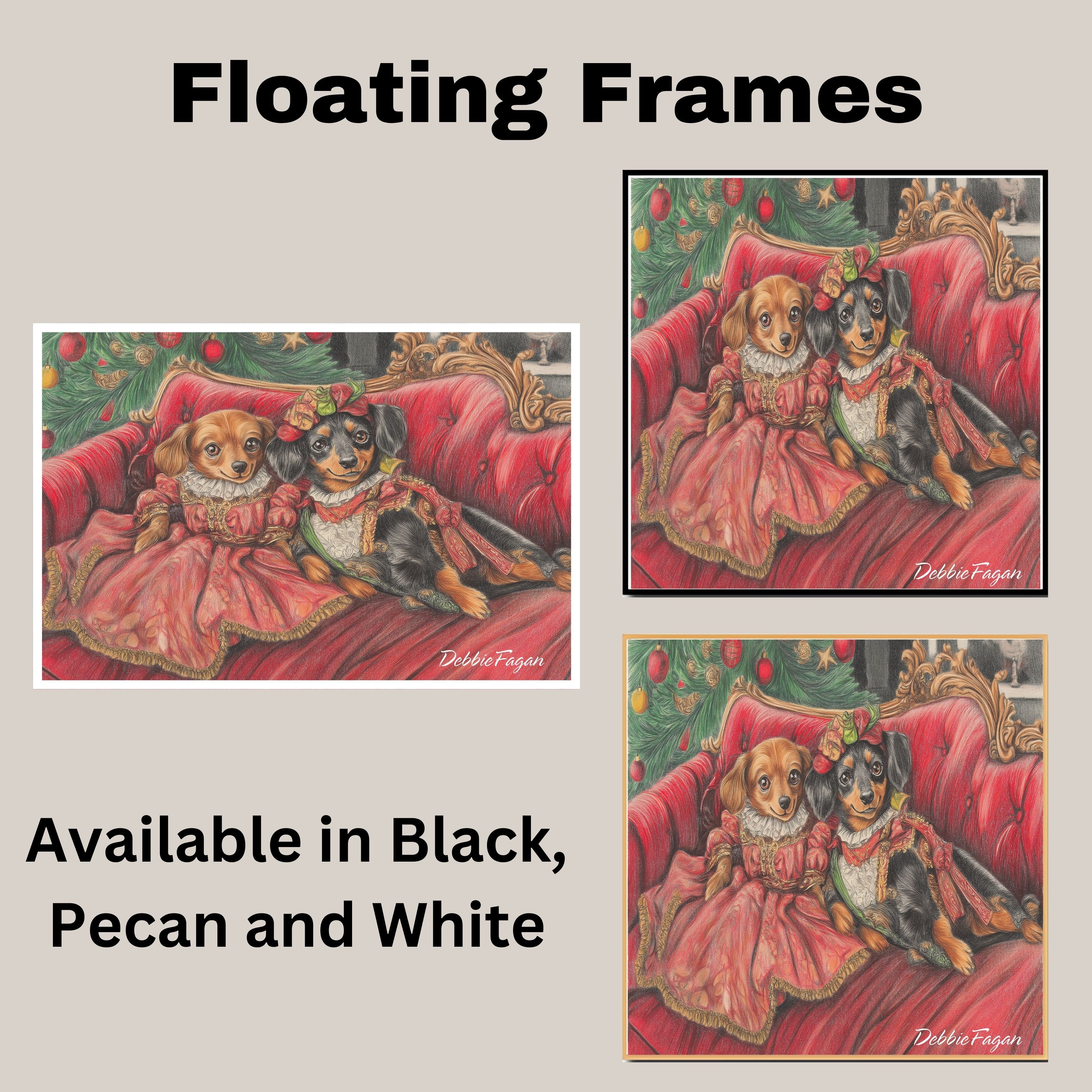 Christmas Canvas - "Stylish Doxies in Victorian Elegance" - Charming Dachshunds Dressed in Vintage Attire on Couch on Ready to Hang 1.5" Thick Canvas Wrap, Floating Framed Canvas, Flat Rolled Canvas