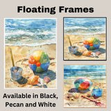 Watercolor Painting of Colorful Beach Ball with Seashells and Ocean Waves on Sandy Seashore Summer Coastal Scene on Ready to Hang 1.5" Thick Canvas Wrap, Floating Framed Canvas, Flat Rolled Canvas