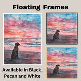 Watercolor Painting of a Black Dog Sitting on the Beach Watching a Vibrant Pink and Blue Ocean Sunset on Ready to Hang 1.5" Thick Canvas Wrap, Floating Framed Canvas, Flat Rolled Canvas