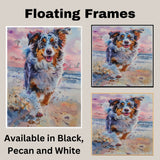Playful Watercolor Painting of Fluffy Dog Running Along the Shore with Splashes and Seagulls in a Sunset Beach Scene on Ready to Hang 1.5" Thick Canvas Wrap, Floating Framed Canvas, Flat Rolled Canvas