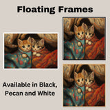Painting of Two Adorable Kittens Wrapped in Colorful Blankets with Big Eyes and Soft Fur Cuddling Together in a Warm Cozy Setting with Rich Textured Brushwork on Ready to Hang 1.5" Thick Canvas Wrap, Floating Framed Canvas, Flat Rolled Canvas