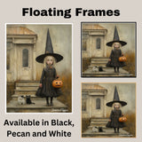 Little Witch Girl with Pumpkin and Cats on Porch – Whimsical Halloween Folk Art Illustration on Ready to Hang 1.5" Thick Canvas Wrap, Floating Framed Canvas, Flat Rolled Canvas