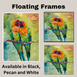 Expressive Parrot Pair Artwork Featuring Bright Orange and Green Feathers on a Branch with Lush Abstract Jungle Background in Bold Textured Brushstrokes on Ready to Hang 1.5" Thick Canvas Wrap, Floating Framed Canvas, Flat Rolled Canvas