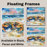 Watercolor Painting of Two Multicolored Crabs on Beach – Coastal Ocean Art Print with Sea and Sunset Background on Ready to Hang 1.5" Thick Canvas Wrap, Floating Framed Canvas, Flat Rolled Canvas