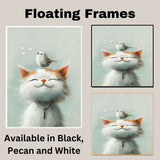 Peaceful White Cat with Bird on Head Serene Animal Art for Nursery Kids Room and Pet Lovers Uplifting Gift for Bird and Cat Enthusiasts on Ready to Hang 1.5" Thick Canvas Wrap, Floating Framed Canvas, Flat Rolled Canvas