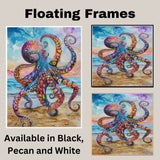 Watercolor Painting of a Vivid Multicolored Octopus on the Beach with Bright Tentacles and Coastal Ocean Background on Ready to Hang 1.5" Thick Canvas Wrap, Floating Framed Canvas, Flat Rolled Canvas
