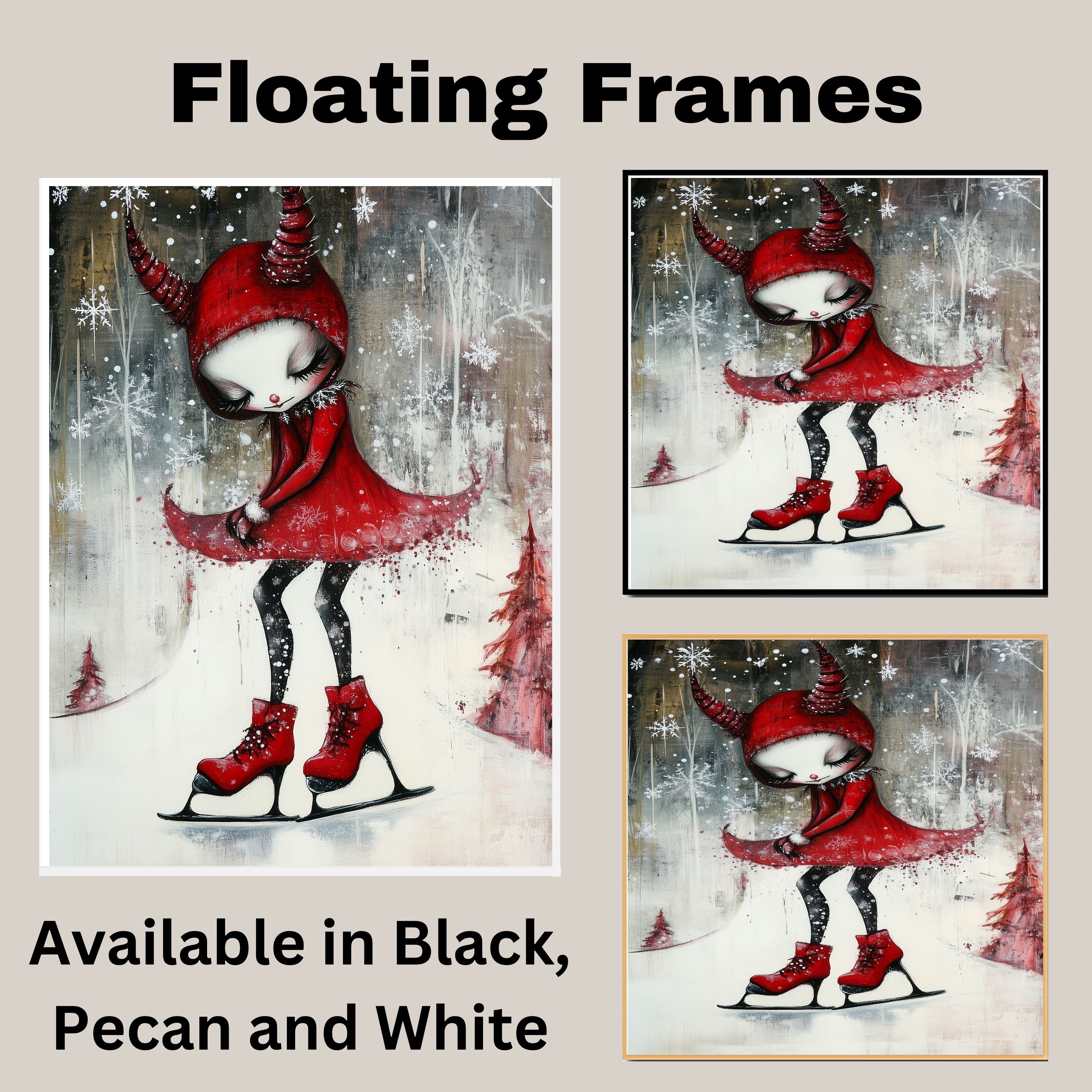 Whimsical Christmas Devil Girl Ice Skating in Red Hood and Dress Fantasy Winter Art Print or Canvas for Holiday Decor and Unique Gothic Gift on Ready to Hang 1.5" Thick Canvas Wrap, Floating Framed Canvas, Flat Rolled Canvas