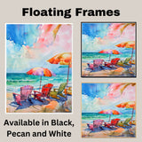 Colorful Watercolor Beach Chairs & Umbrellas – Oceanfront Coastal Art Print on Ready to Hang 1.5" Thick Canvas Wrap, Floating Framed Canvas, Flat Rolled Canvas