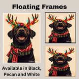 "Classic Cheer" - Black Labrador Dog with Lighted Antlers & Festive Scarf on Plain Beige Canvas, Ready to Hang 1.5" Thick Canvas Wrap, Floating Framed Canvas, Flat Rolled Canvas