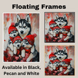 Warm Embrace: Siberian Husky Mom and Her Three Puppies in Cozy Red Scarves and Hats on Ready to Hang 1.5" Thick Canvas Wrap, Floating Framed Canvas, Flat Rolled Canvas