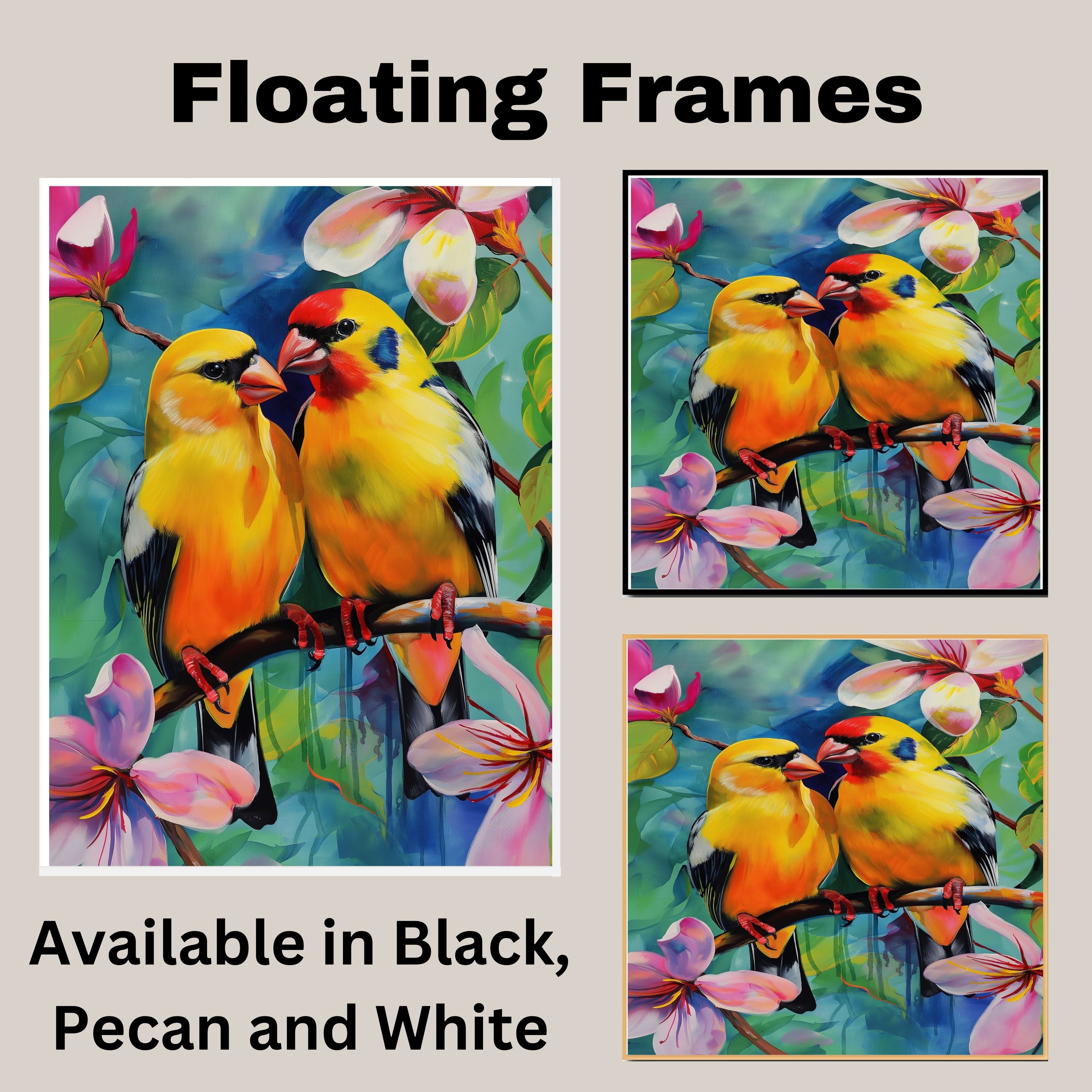 Charming Yellow Bird Pair Artwork Featuring Bright Plumage and Blossoms on a Branch with a Lush Floral Background in Vivid Colors and Whimsical Style on Ready to Hang 1.5" Thick Canvas Wrap, Floating Framed Canvas, Flat Rolled Canvas