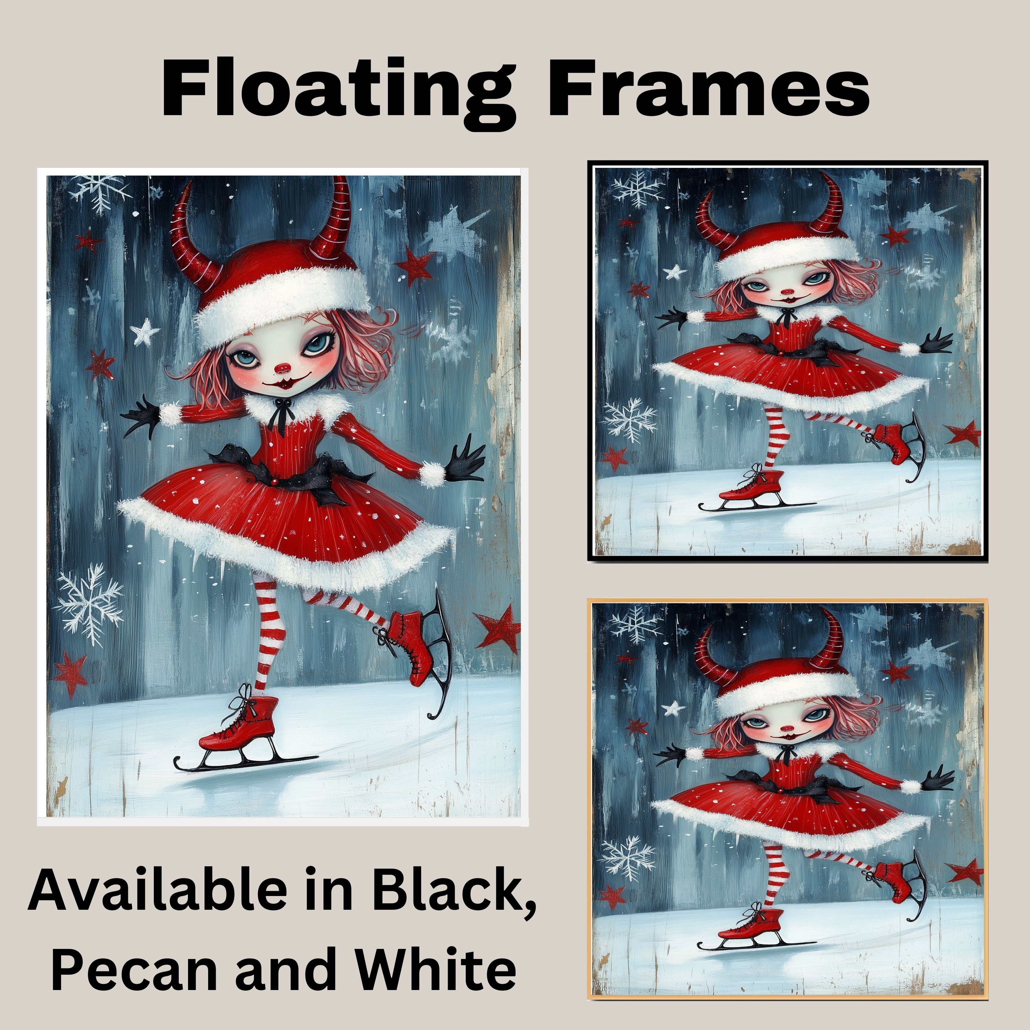 Whimsical Christmas Devil Girl Ice Skating in Red Santa Dress with Horns and Candy Cane Stripes Winter Fantasy Art Print or Canvas for Holiday Wall Decor on Ready to Hang 1.5" Thick Canvas Wrap, Floating Framed Canvas, Flat Rolled Canvas