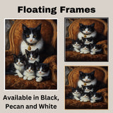 Regal Comfort: Tuxedo Cat Mom and Four Kittens on an Elegant Victorian Sofa on Ready to Hang 1.5" Thick Canvas Wrap, Floating Framed Canvas, Flat Rolled Canvas