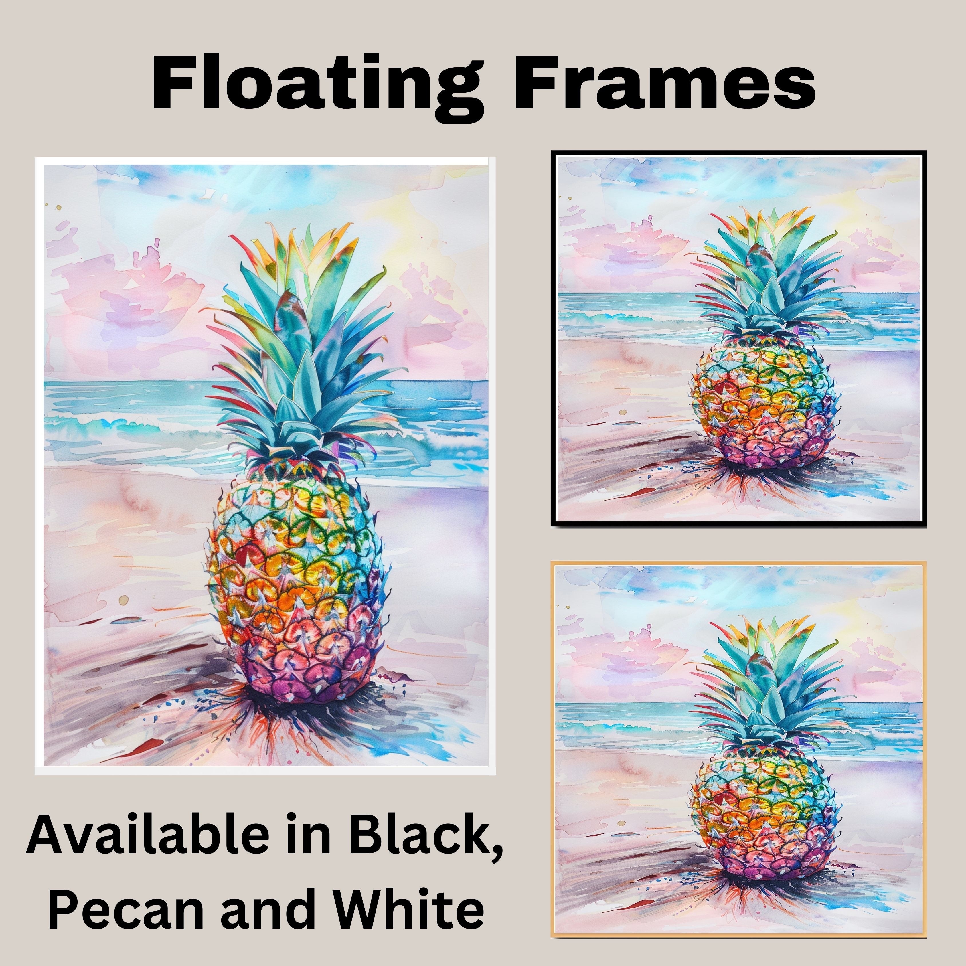 Colorful Pineapple Watercolor Painting with Tropical Beach and Ocean Background on Ready to Hang 1.5" Thick Canvas Wrap, Floating Framed Canvas, Flat Rolled Canvas